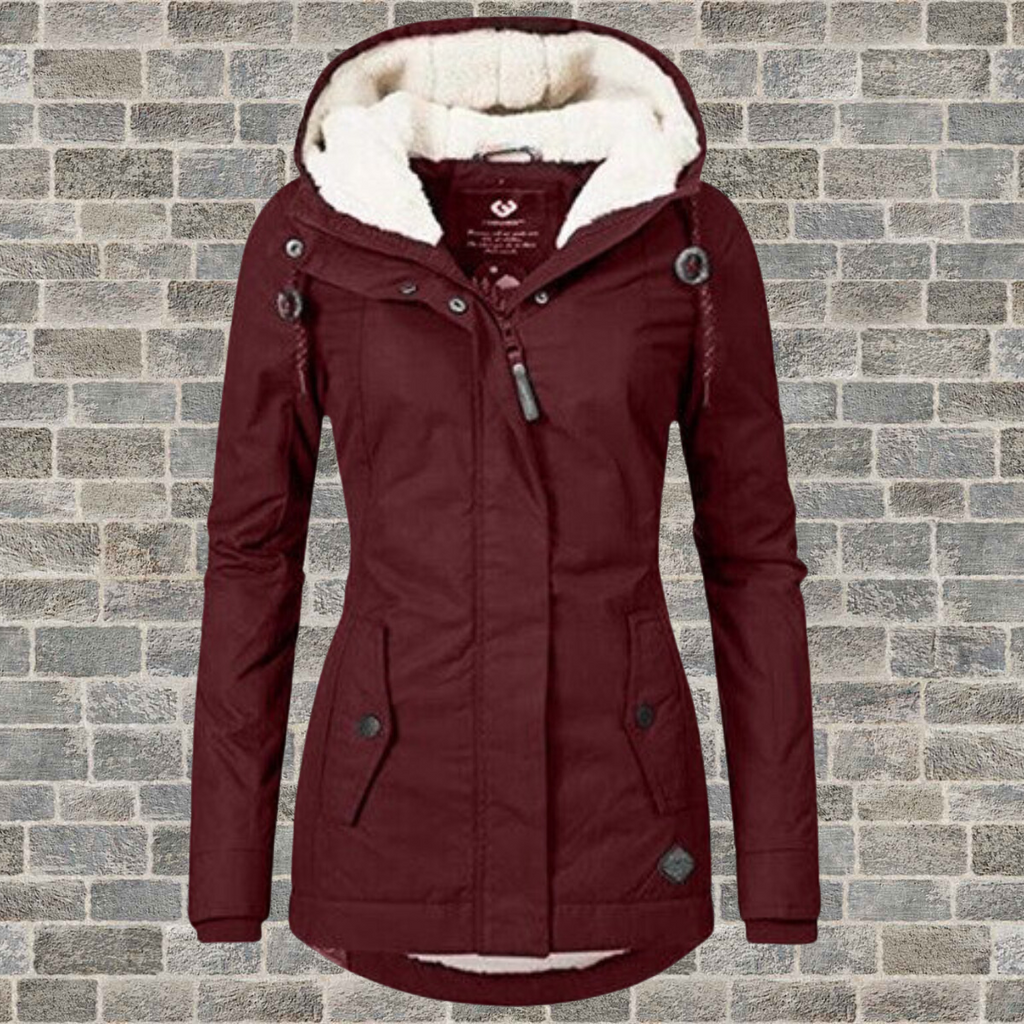 NOUVEAU RICHE Plissierter Baumwollmantel Mit Kapuze Und Teddyfutter - Winterjacke - Wintermäntel Damen Weinrot