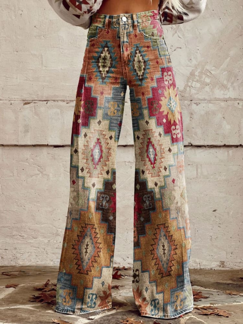 NOUVEAU RICHE Vintage Geometrisch Weites Bein Hose Denim Print Retro Kombination
