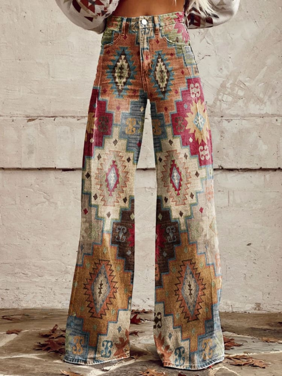 NOUVEAU RICHE Vintage Geometrisch Weites Bein Hose Denim Print Retro