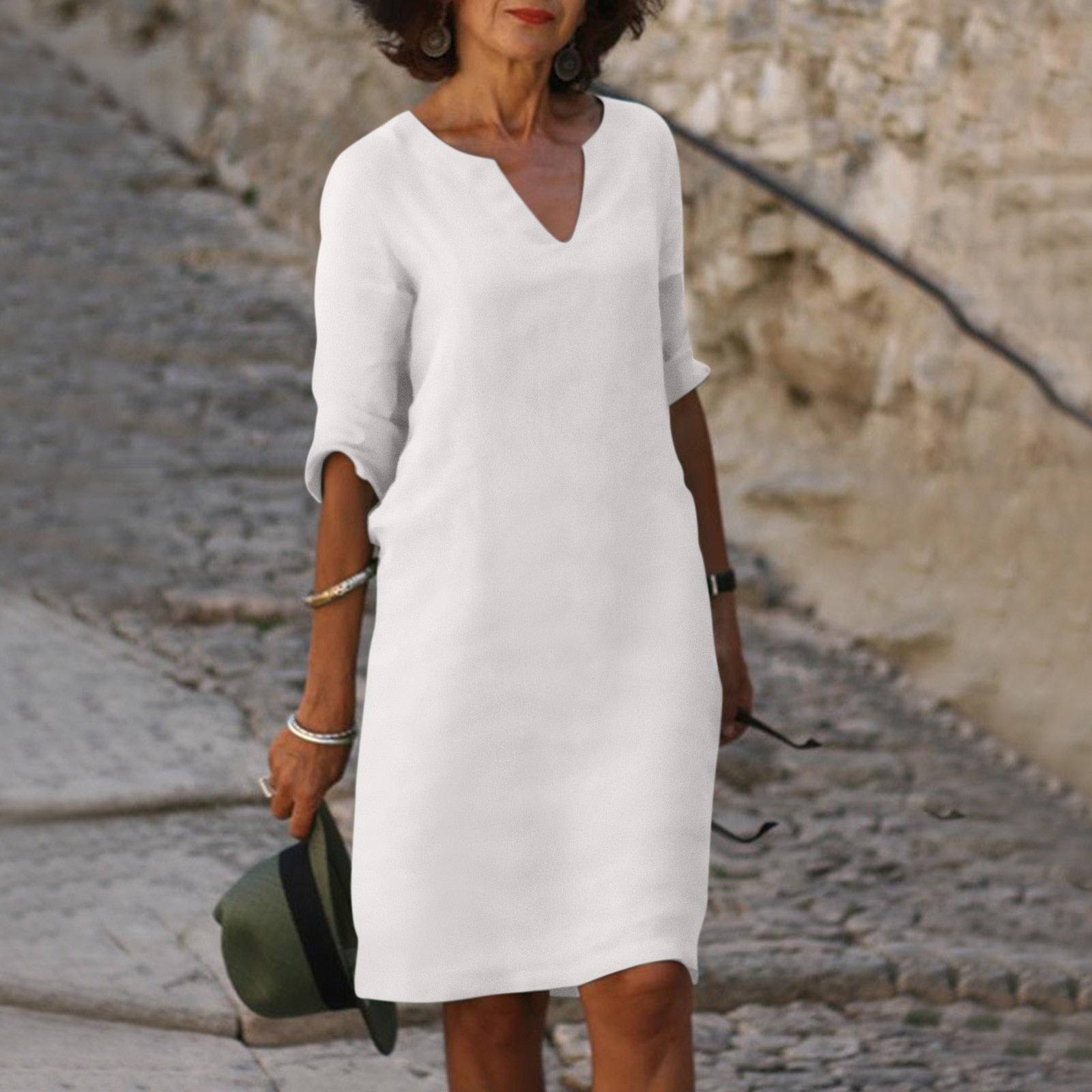 NOUVEAU RICHE Midi Sommerkleid V-Ausschnitt Leichter Femininer Schnitt Weiß