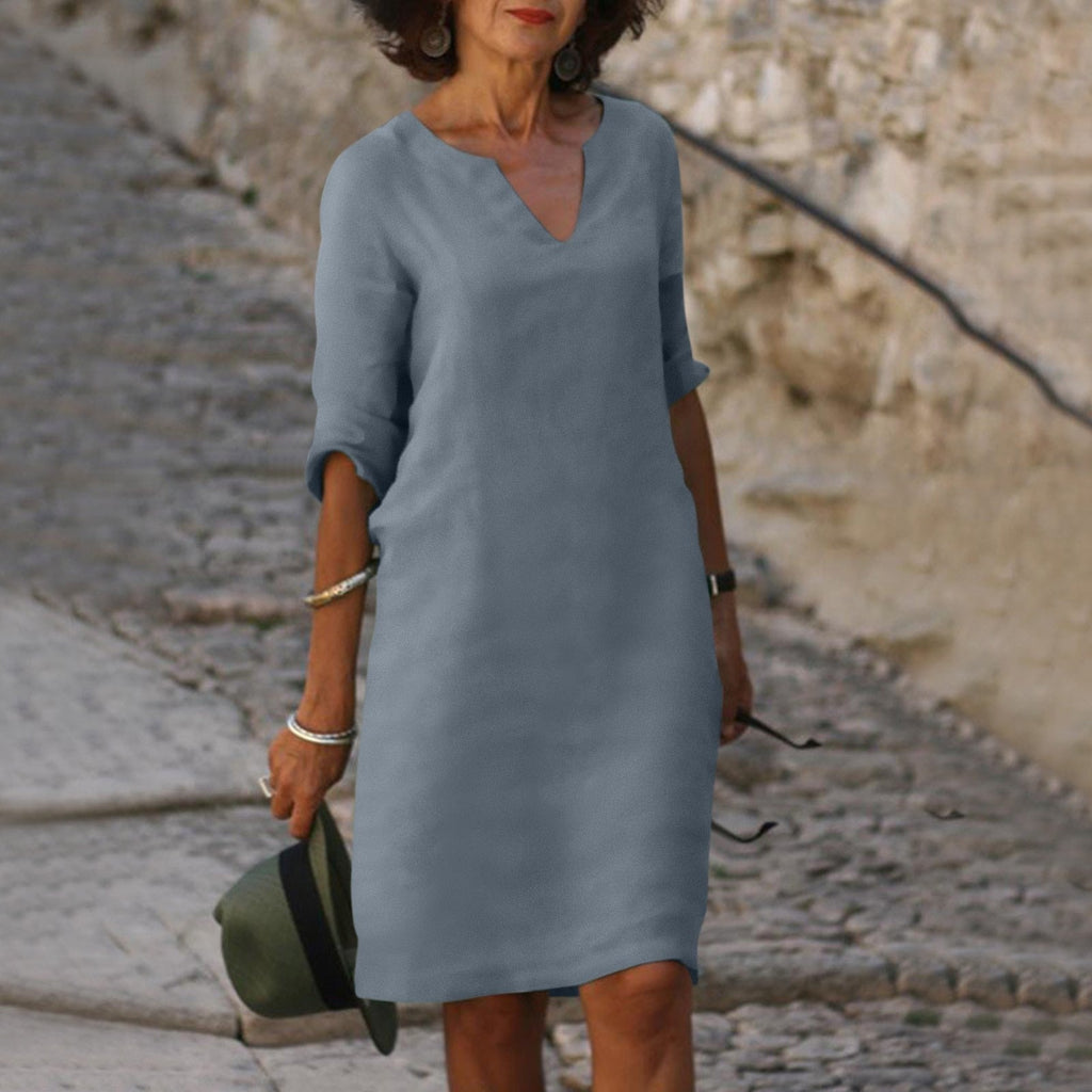 NOUVEAU RICHE Midi Sommerkleid V-Ausschnitt Leichter Femininer Schnitt Grau