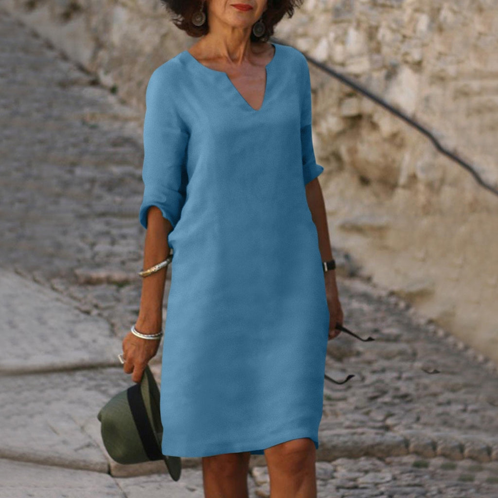 NOUVEAU RICHE Midi Sommerkleid V-Ausschnitt Leichter Femininer Schnitt Hellblau
