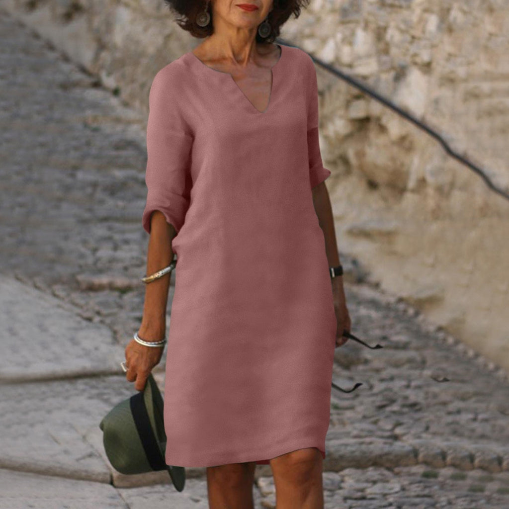 NOUVEAU RICHE Midi Sommerkleid V-Ausschnitt Leichter Femininer Schnitt Rosa