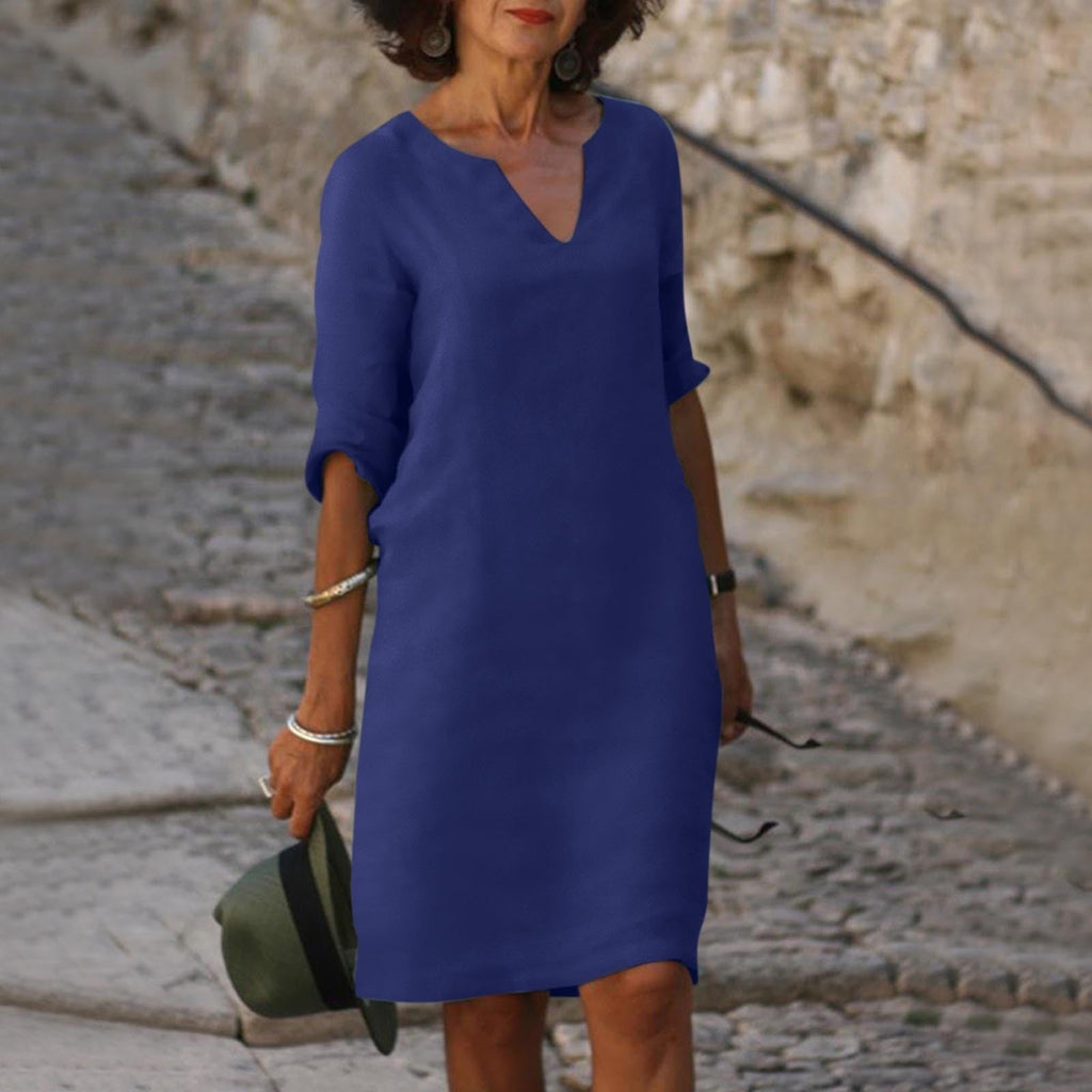 NOUVEAU RICHE Midi Sommerkleid V-Ausschnitt Leichter Femininer Schnitt Dunkelblau
