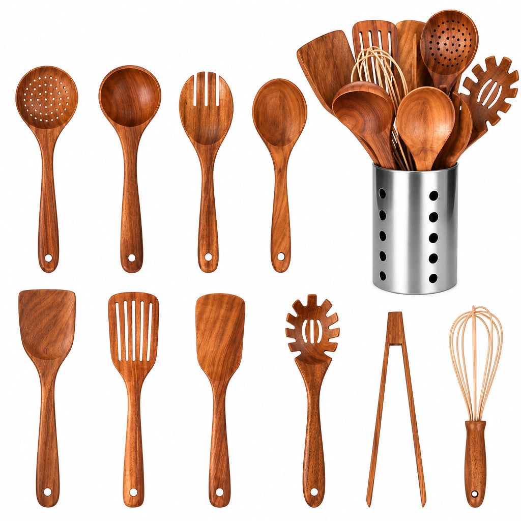 NOUVEAU RICHE 11-teiliges Küchenutensilien-Set aus Teakholz mit Halter – Kochbesteck aus Holz für beschichtete Pfannen, natürliche Optik