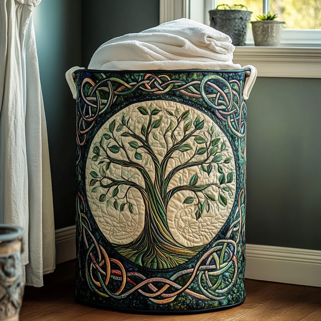 NOUVEAU RICHE Gesteppter Wäschekorb – Eternal Roots Stoff-Wäschesammler, freistehend, faltbar, Canvas-Griffe, 3 Grössen Gross (51 x 71 cm)