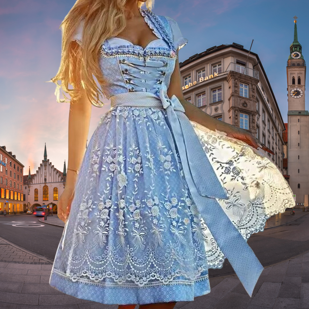 NOUVEAU RICHE Euphorie Festkleid Dirndl Mieder-Schnitt Schwingender Rock Schürze Blau