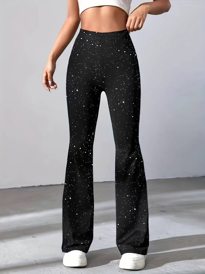 NOUVEAU RICHE Schlaghose Glitzerstoff Damen High Waist Bootcut Party Schwarz