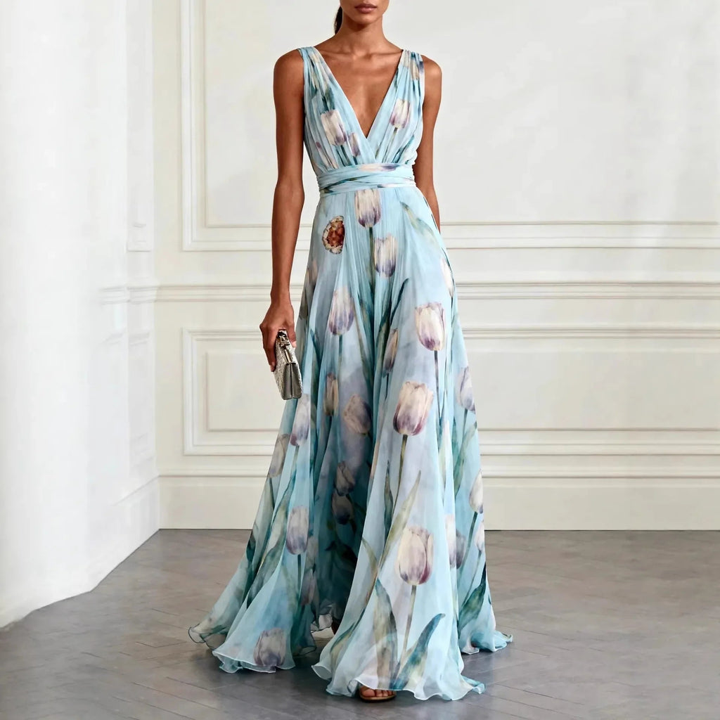 NOUVEAU RICHE Amore | Elegantes Damen Maxikleid mit Blumenmuster Helles Blau