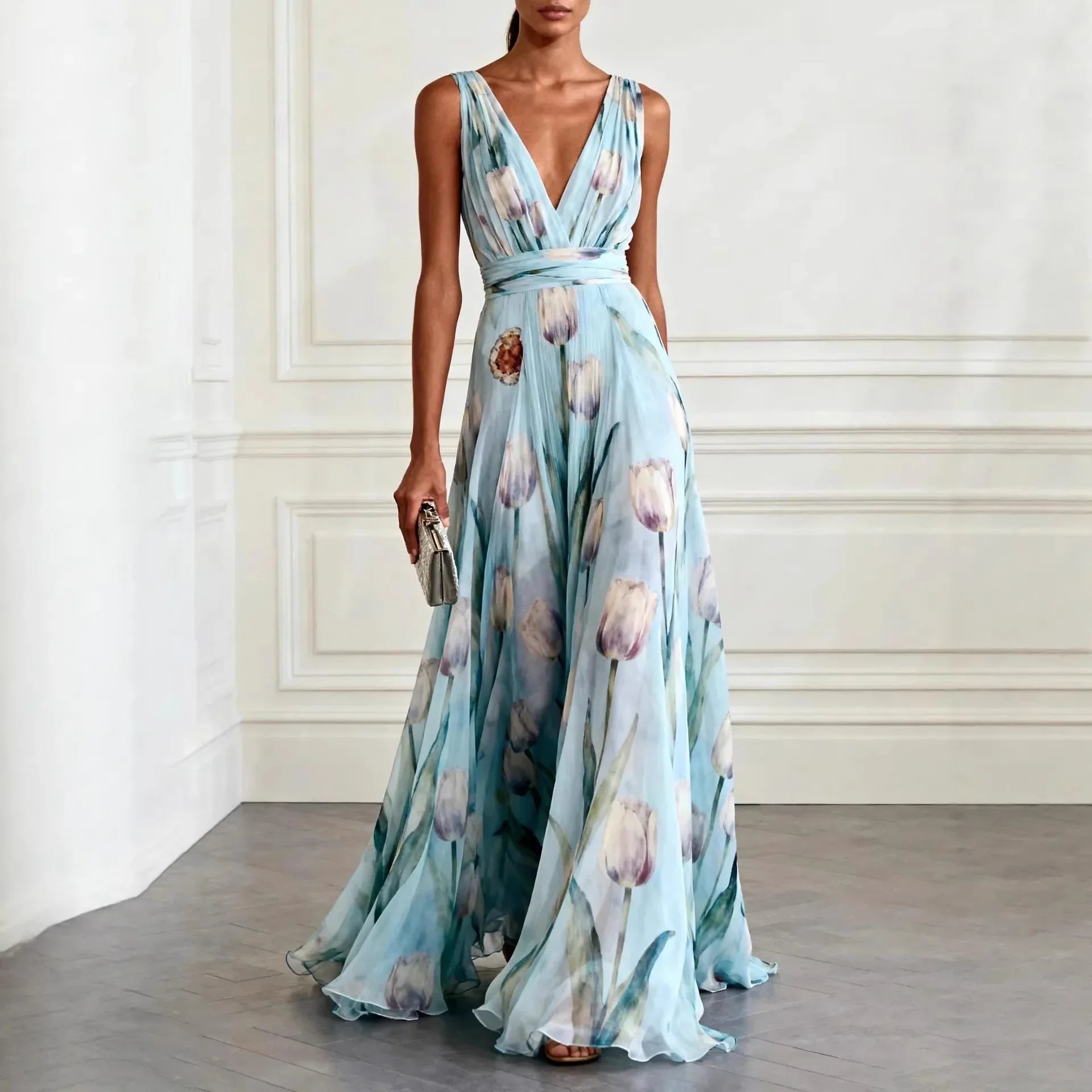NOUVEAU RICHE Amore | Elegantes Damen Maxikleid mit Blumenmuster Helles Blau