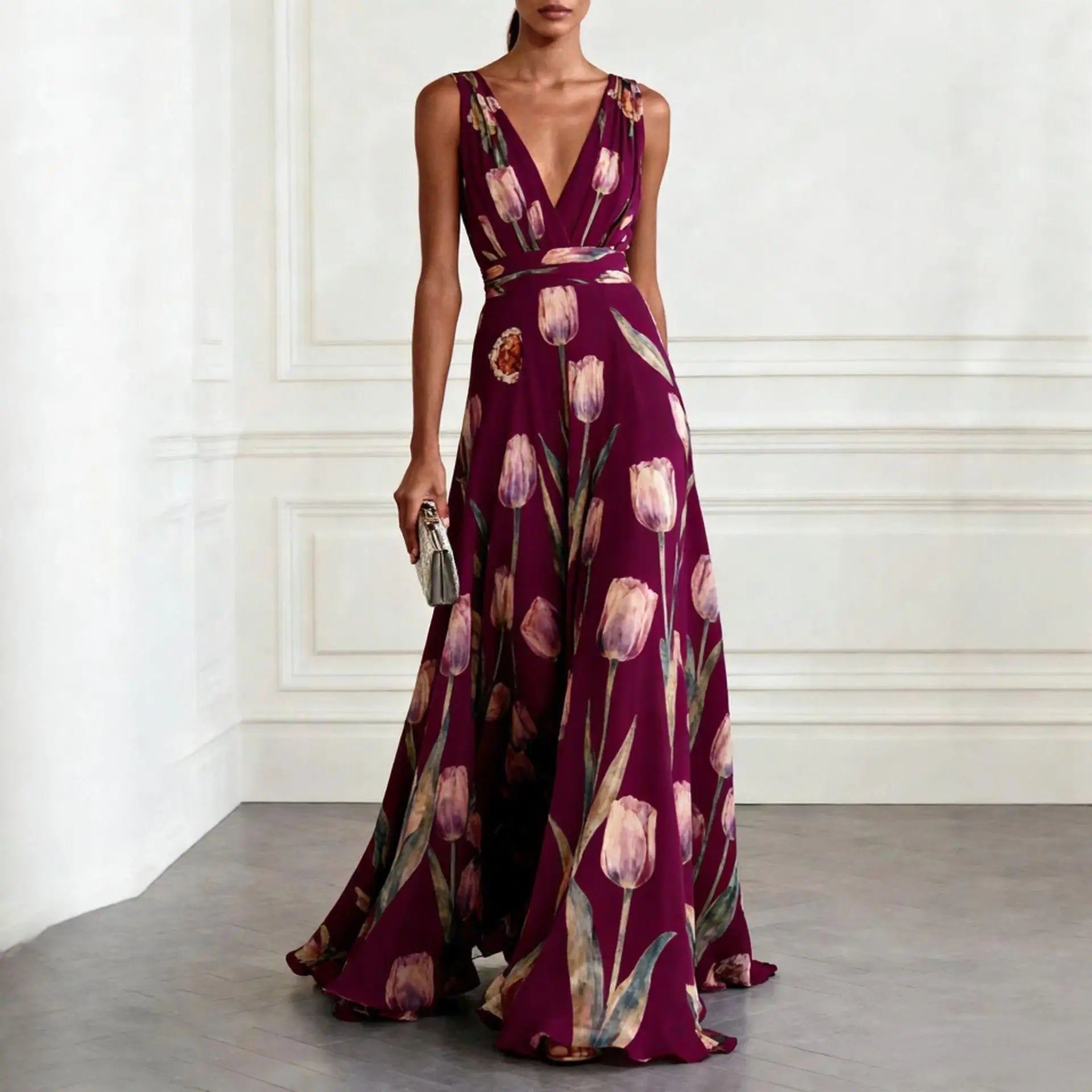 NOUVEAU RICHE Amore | Elegantes Damen Maxikleid mit Blumenmuster Burgunder