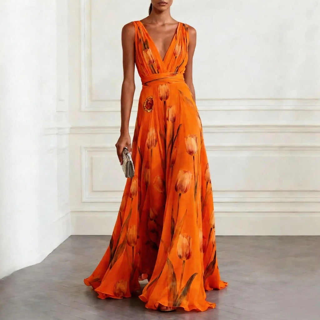 NOUVEAU RICHE Amore | Elegantes Damen Maxikleid mit Blumenmuster Orange
