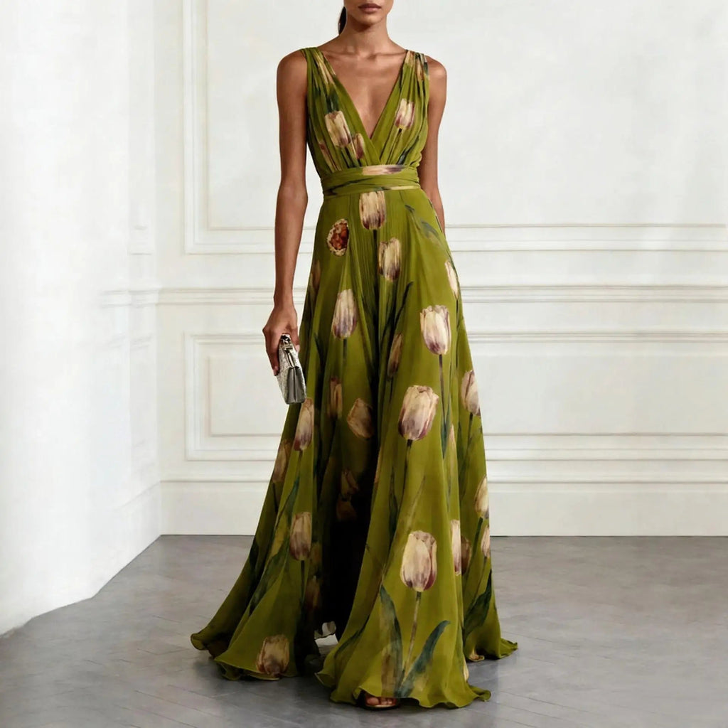 NOUVEAU RICHE Amore | Elegantes Damen Maxikleid mit Blumenmuster Grün