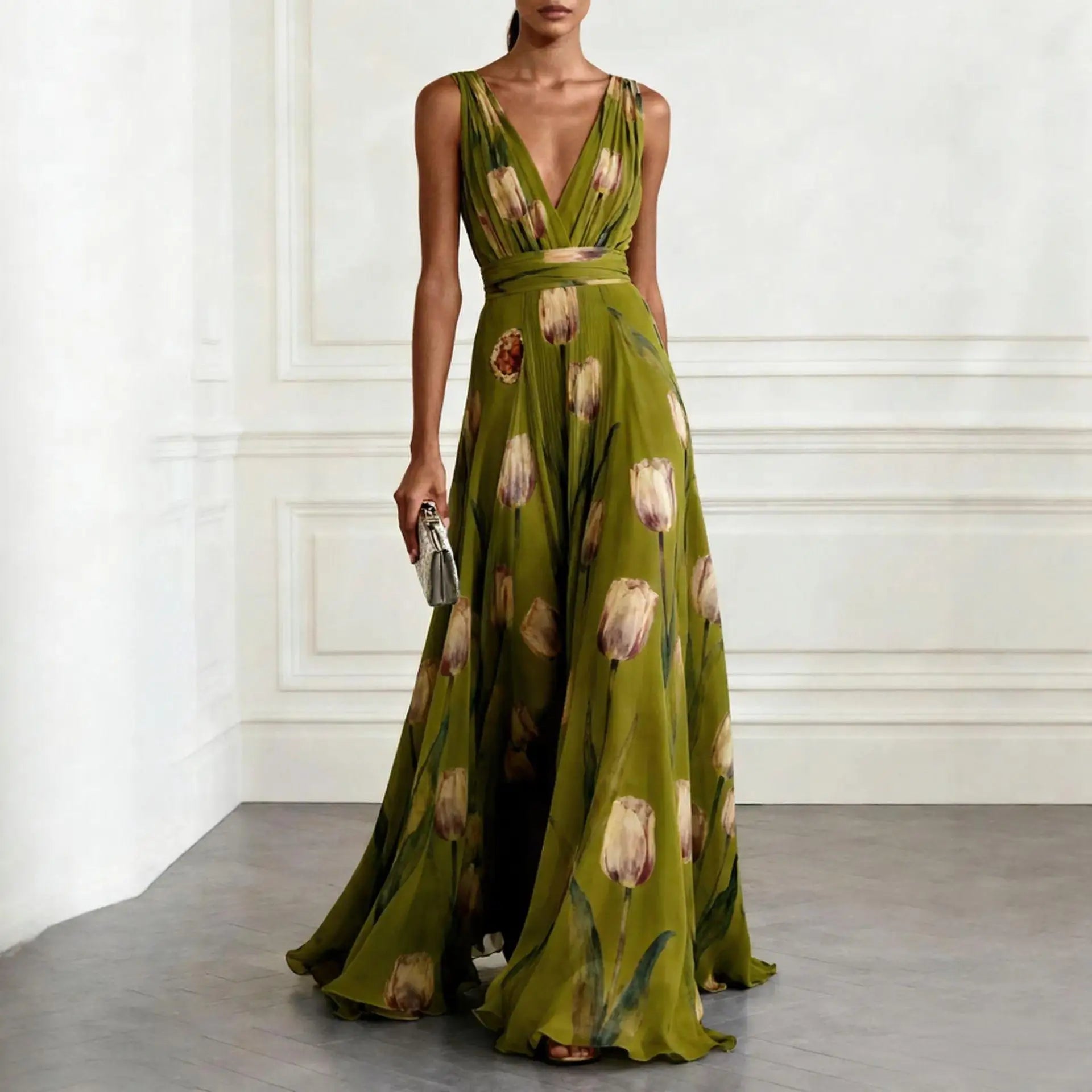NOUVEAU RICHE Amore | Elegantes Damen Maxikleid mit Blumenmuster Grün