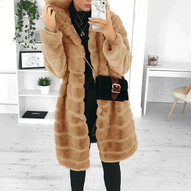 NOUVEAU RICHE Mantel Kunstpelz Wasserdicht Knielang Flauschig Stilvoll - Winterjacke - Wintermäntel Damen Braun