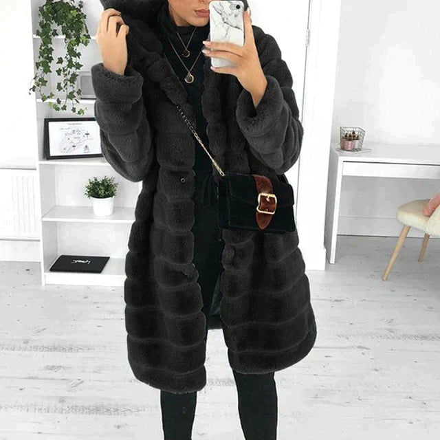 NOUVEAU RICHE Mantel Kunstpelz Wasserdicht Knielang Flauschig Stilvoll - Winterjacke - Wintermäntel Damen Schwarz