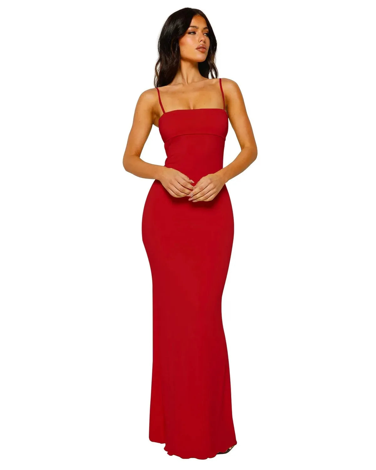 NOUVEAU RICHE Elegantes Figurbetontes Rückenfreies Maxikleid für Sommer Rot