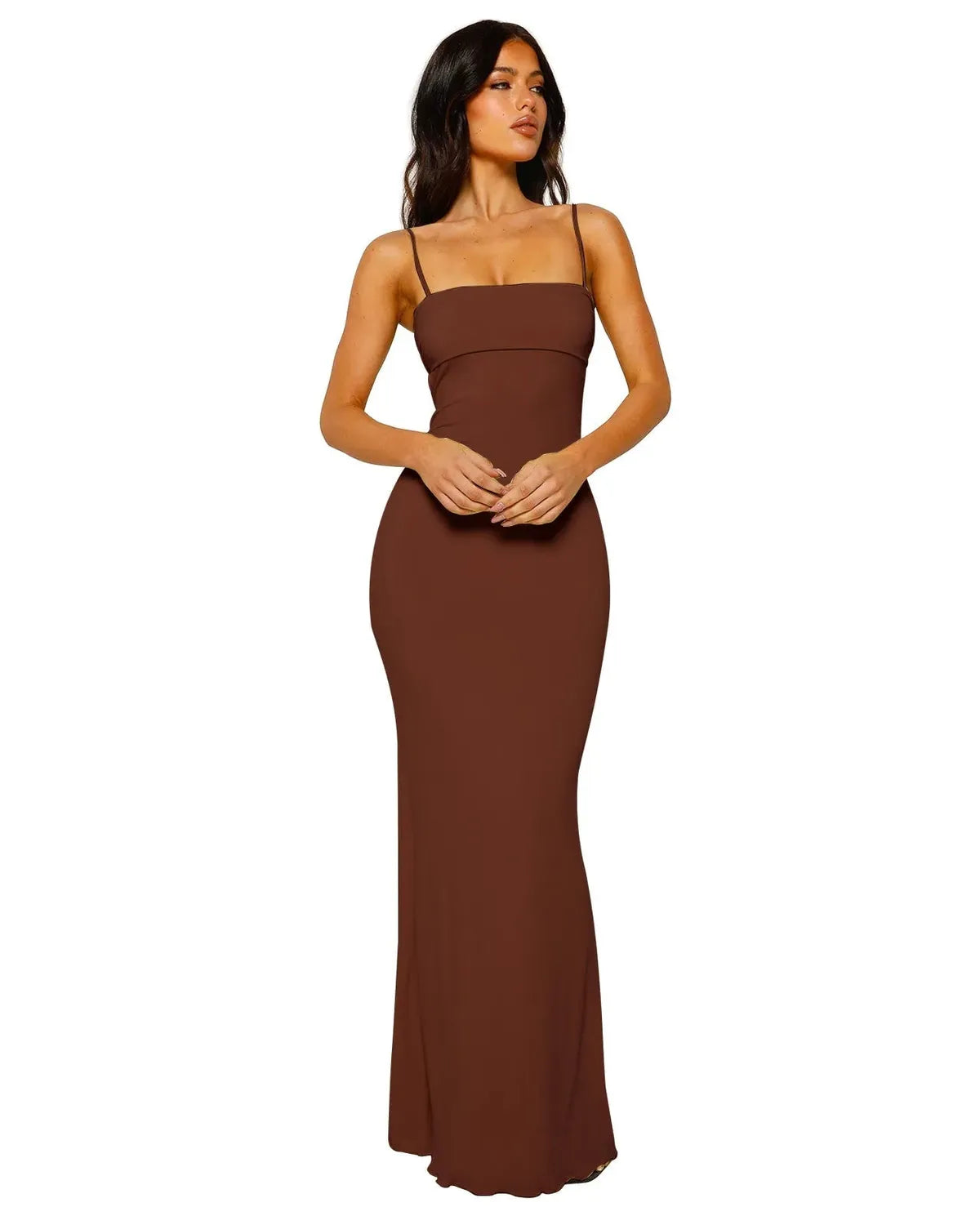 NOUVEAU RICHE Elegantes Figurbetontes Rückenfreies Maxikleid für Sommer Braun