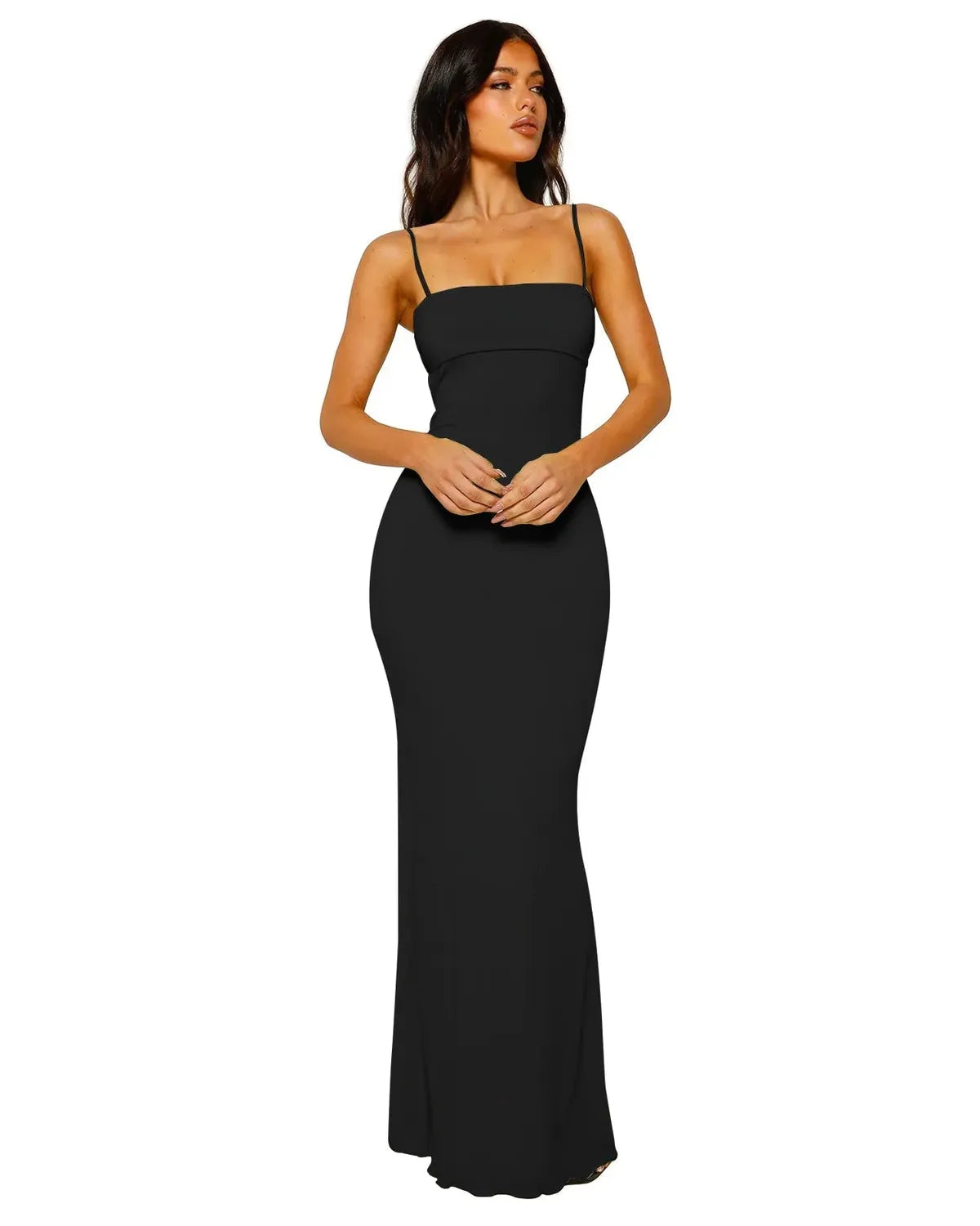 NOUVEAU RICHE Elegantes Figurbetontes Rückenfreies Maxikleid für Sommer Schwarz