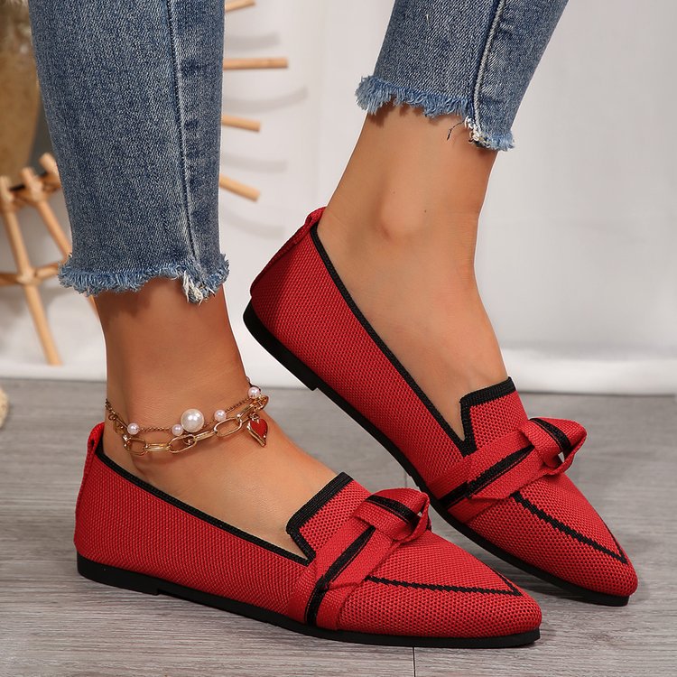 NOUVEAU RICHE Flache Damenschuhe Mit Spitz Zehenpartie Und Weichem Strick Slipper Mit Knotendetail Für Vielseitige Passform Elegante Damenmode Rot