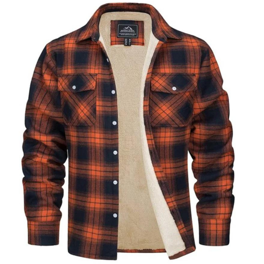NOUVEAU RICHE Fleecegefütterte Karierte Jacke Herren Warm Winter Winddicht Orange