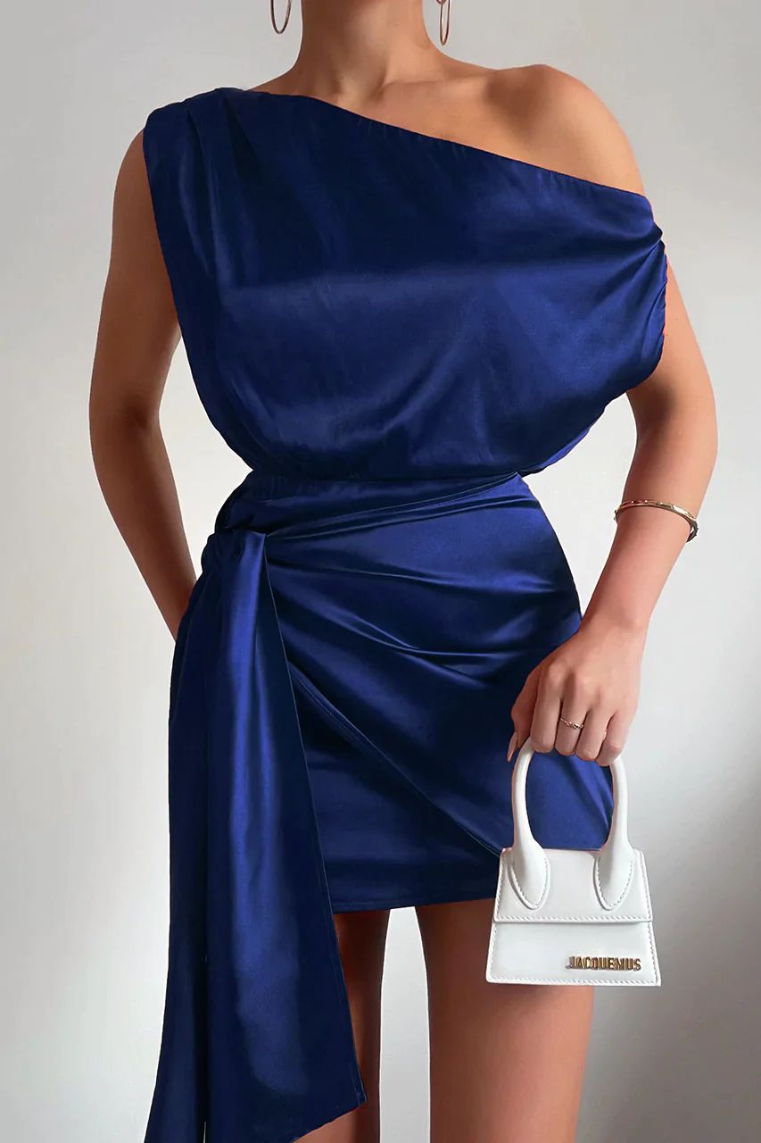 NOUVEAU RICHE Elegantes One Shoulder Minikleid Satin Wickelfront Kurz Dunkelblau XL
