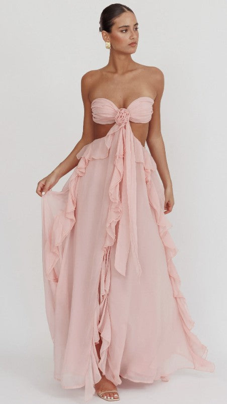 NOUVEAU RICHE Flor Rüschen Maxikleid Für Festliche Anlässe Mit Blumenmuster Elegant Und Auffällig Rosa