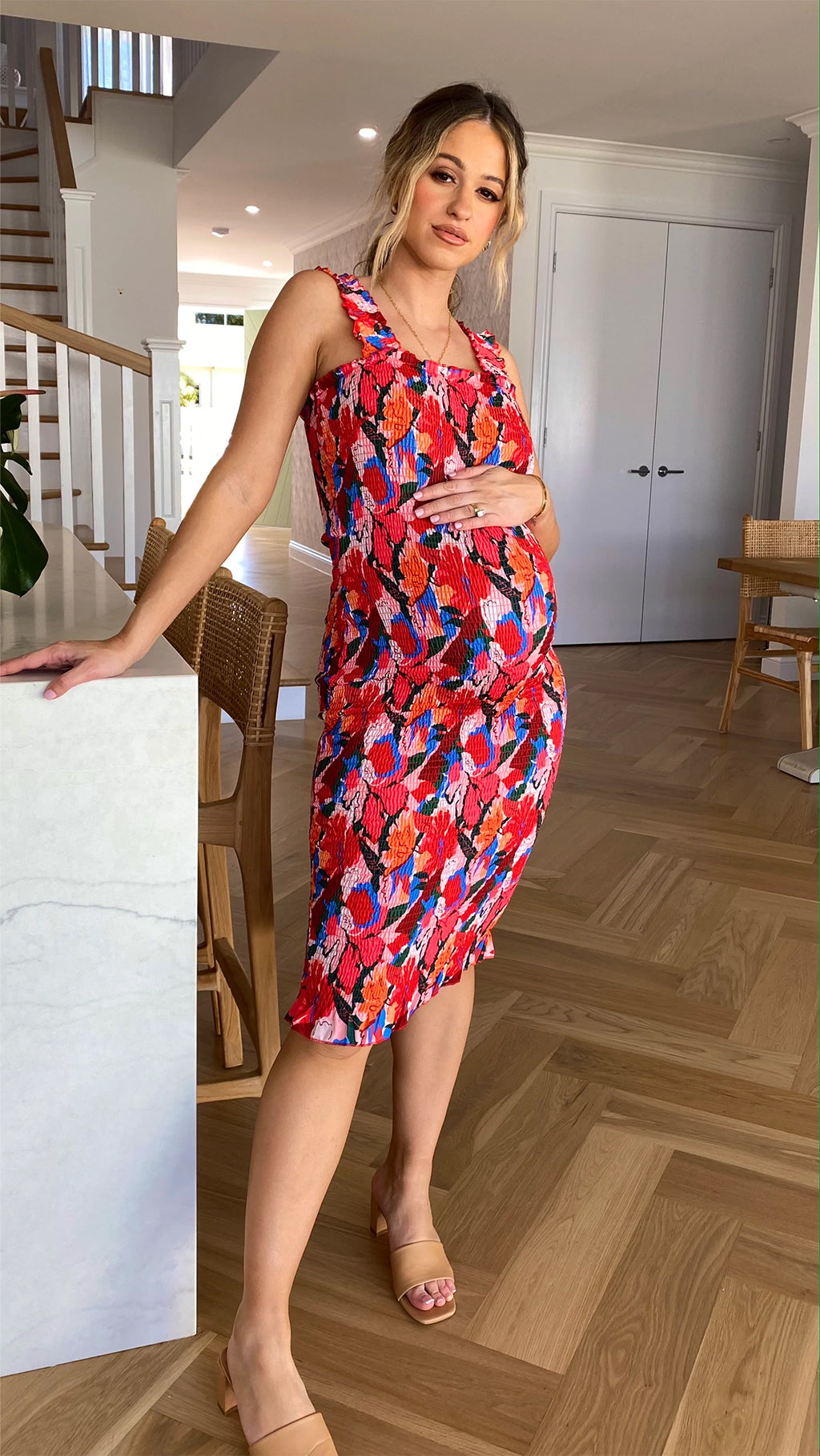 NOUVEAU RICHE Floral Midi Kleid Elastische Träger Tropischer Dschungel Rot