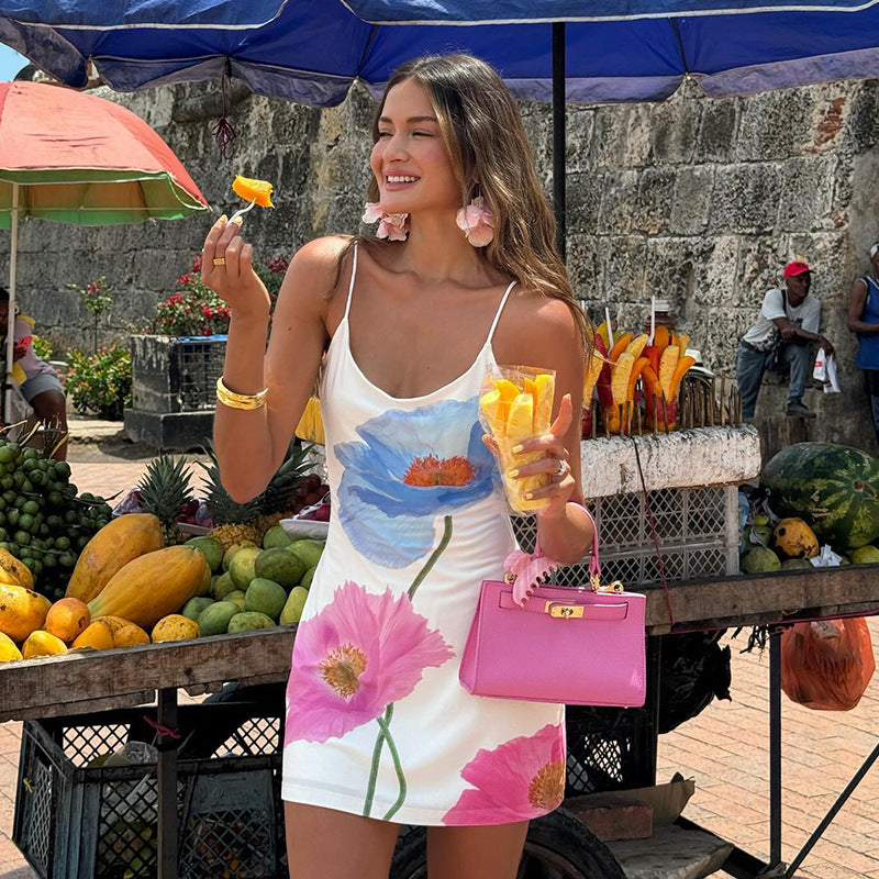 NOUVEAU RICHE Florales Mini-Kleid Leicht Sommerkleid Mit Spaghettiträgern Weiß