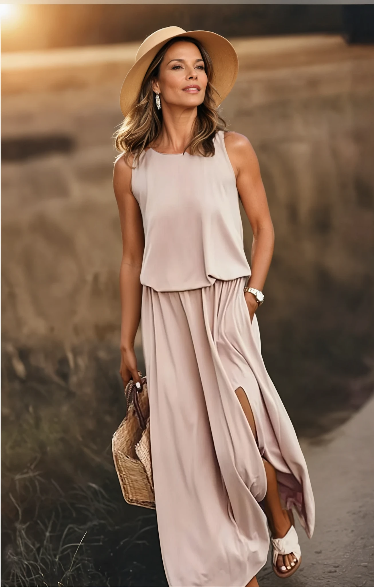 NOUVEAU RICHE Passion | Damen Sommerkleid – Maxi-Länge, Ärmellos & Rundhalsausschnitt Khaki
