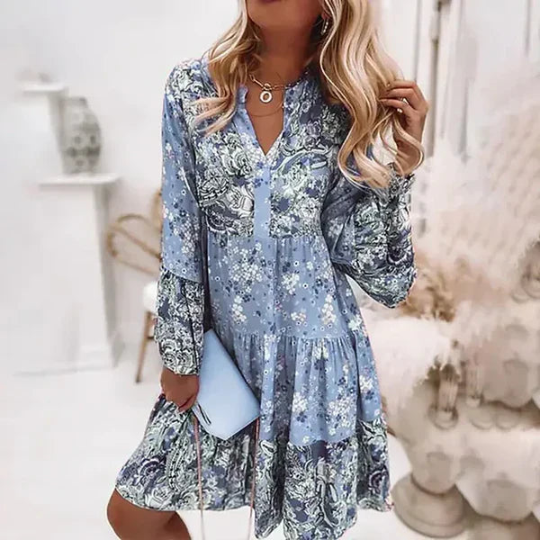 NOUVEAU RICHE Estelle | Langärmelige Damenkleid mit durchgehendem Blumenprint Blau