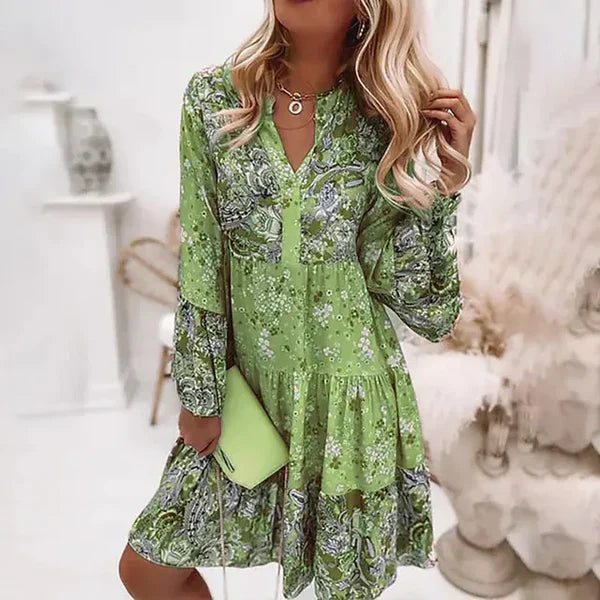 NOUVEAU RICHE Estelle | Langärmelige Damenkleid mit durchgehendem Blumenprint Grün