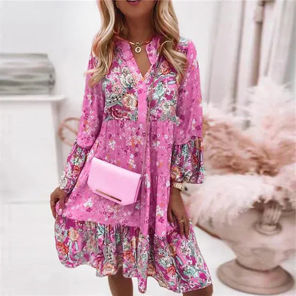 NOUVEAU RICHE Estelle | Langärmelige Damenkleid mit durchgehendem Blumenprint Rosa