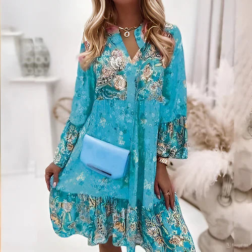 NOUVEAU RICHE Estelle | Langärmelige Damenkleid mit durchgehendem Blumenprint Hellblau