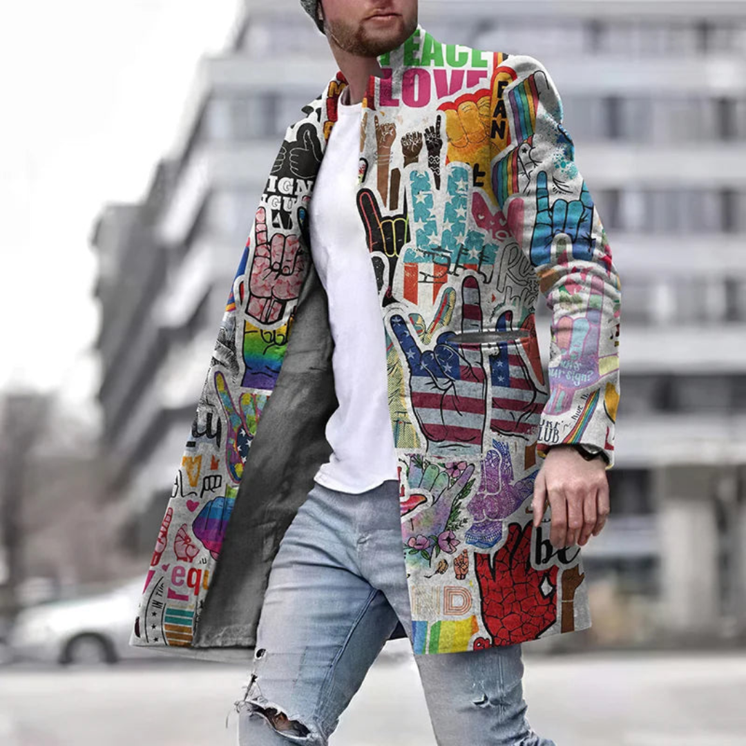 NOUVEAU RICHE Langer Herren Grafikmantel Modernes Statement Für Alltag Mehrfarbig