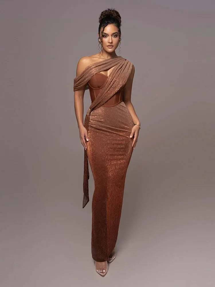 NOUVEAU RICHE Damen Ein-Schulter Abendkleid One-Shoulder Metallic Mit asymmetrische Ausschnitt Braun