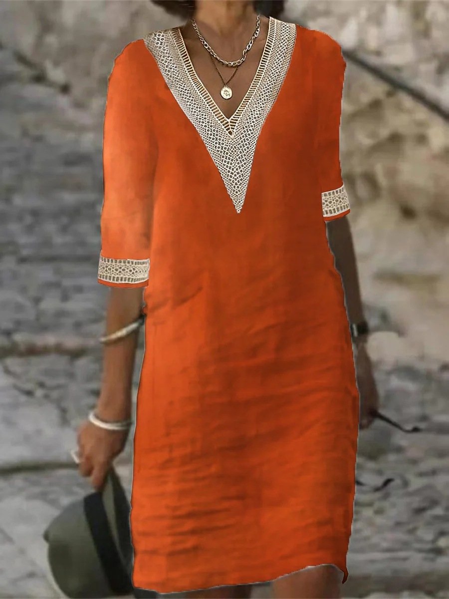 NOUVEAU RICHE Freizeitkleid Damen V Ausschnitt Spitzen Lockere Passform Orange