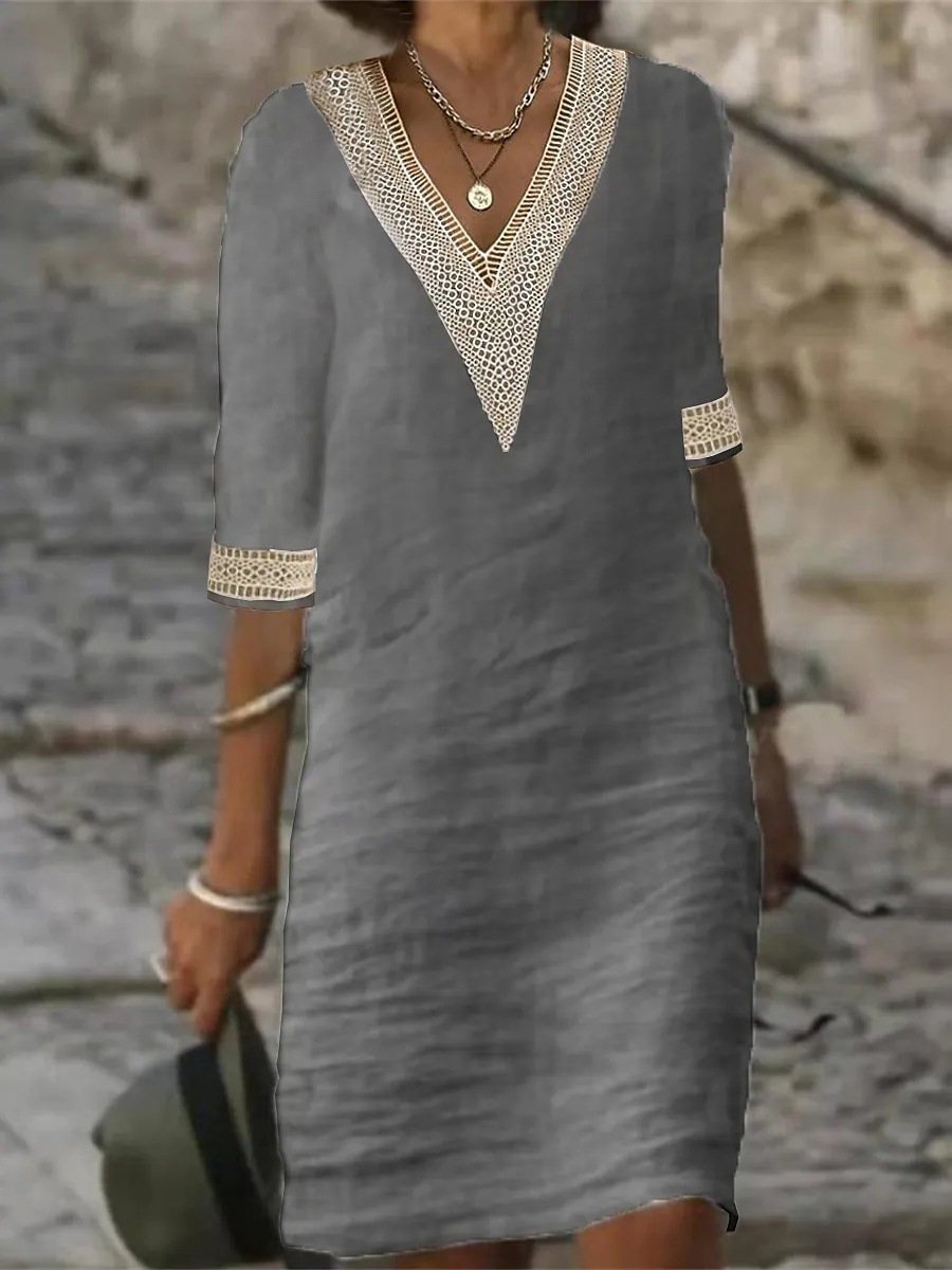 NOUVEAU RICHE Freizeitkleid Damen V Ausschnitt Spitzen Lockere Passform Grau