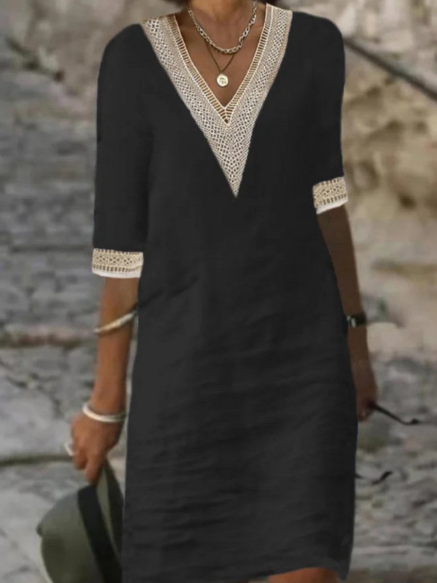 NOUVEAU RICHE Freizeitkleid Damen V Ausschnitt Spitzen Lockere Passform Schwarz