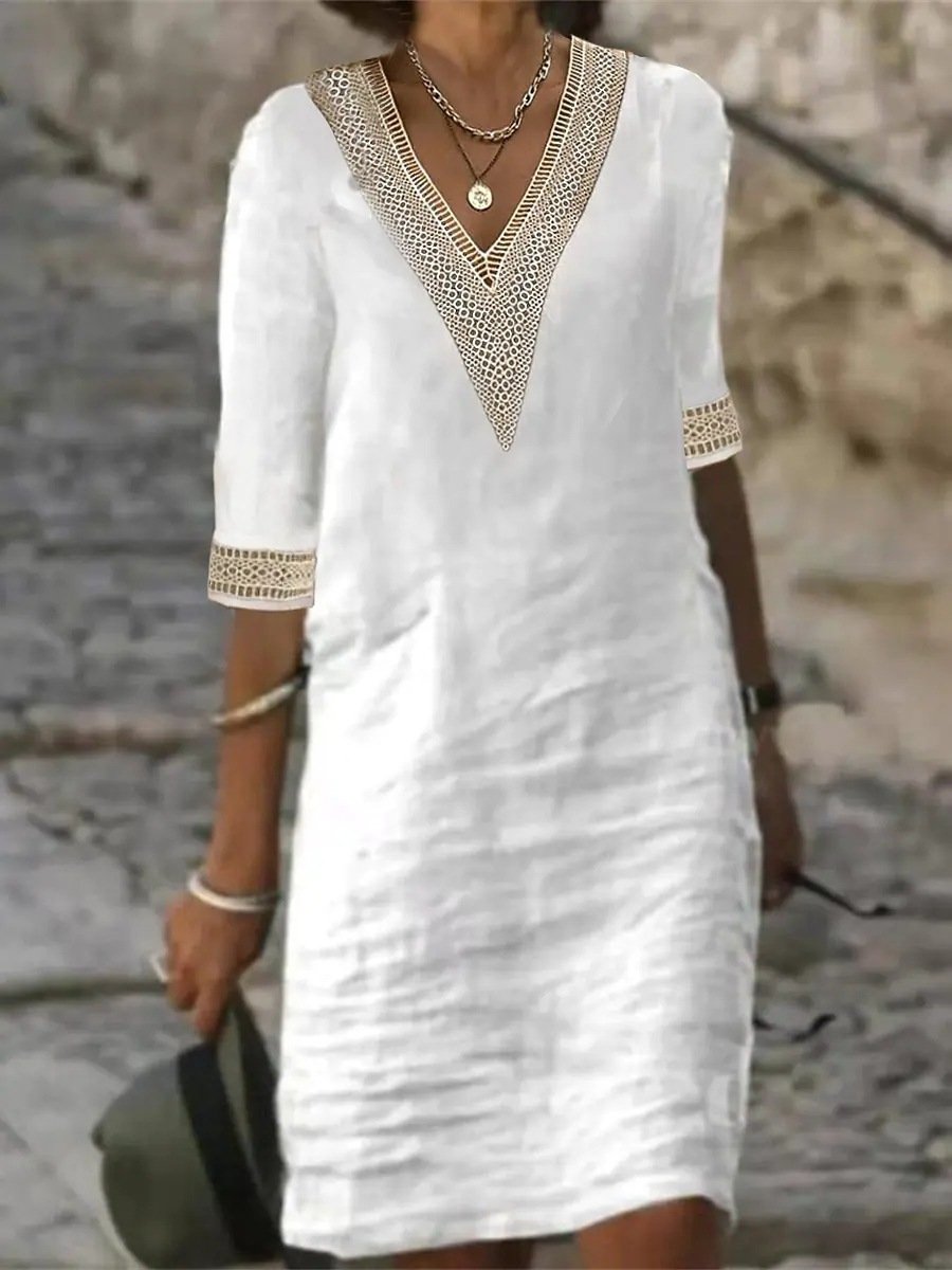 NOUVEAU RICHE Freizeitkleid Damen V Ausschnitt Spitzen Lockere Passform Weiß