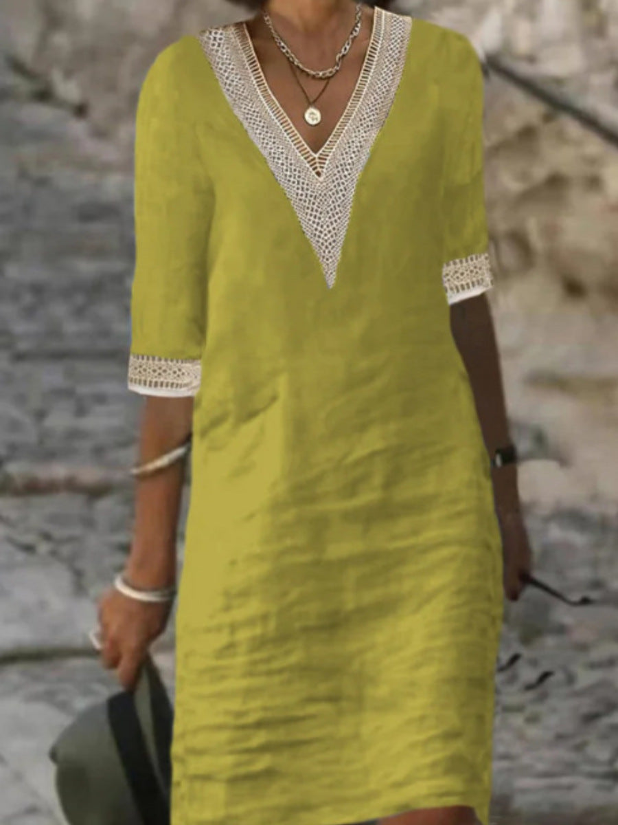 NOUVEAU RICHE Freizeitkleid Damen V Ausschnitt Spitzen Lockere Passform Gelb