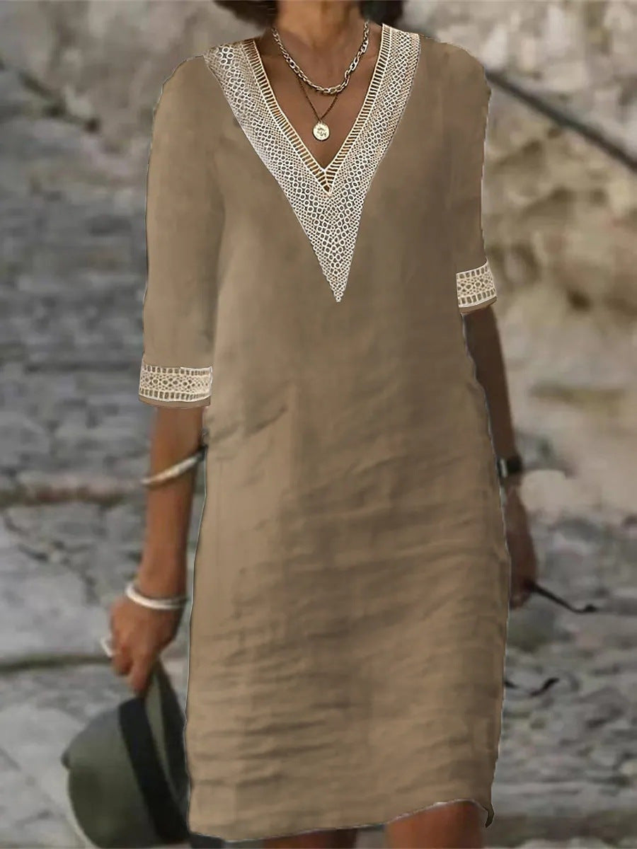 NOUVEAU RICHE Freizeitkleid Damen V Ausschnitt Spitzen Lockere Passform Khaki