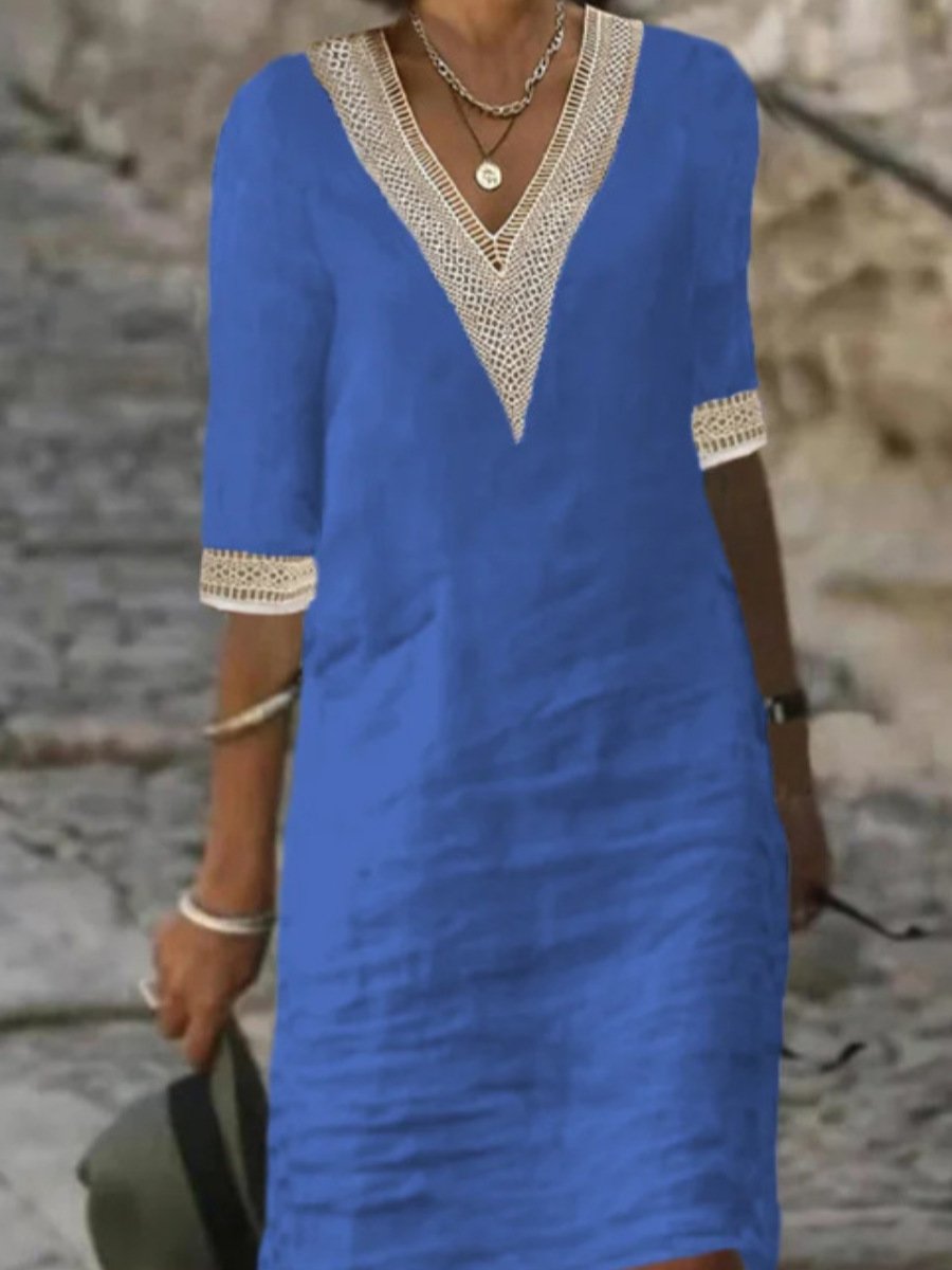 NOUVEAU RICHE Freizeitkleid Damen V Ausschnitt Spitzen Lockere Passform Blau