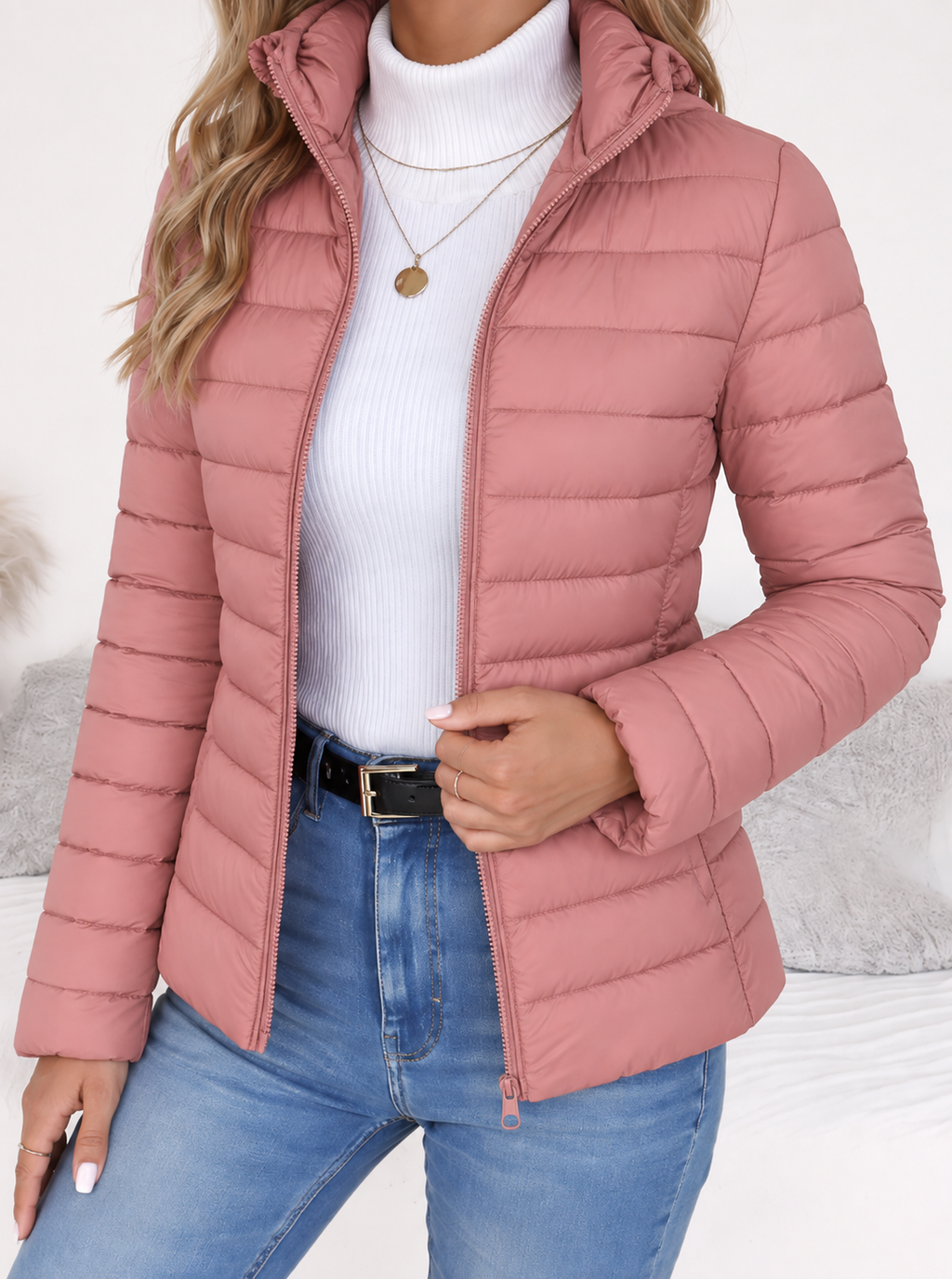 NOUVEAU RICHE Slim Fit Steppjacke – Damen Steppjacke mit hohem Kragen, leicht & atmungsaktiv, 6 Farben, S–3XL – Umami Rosa