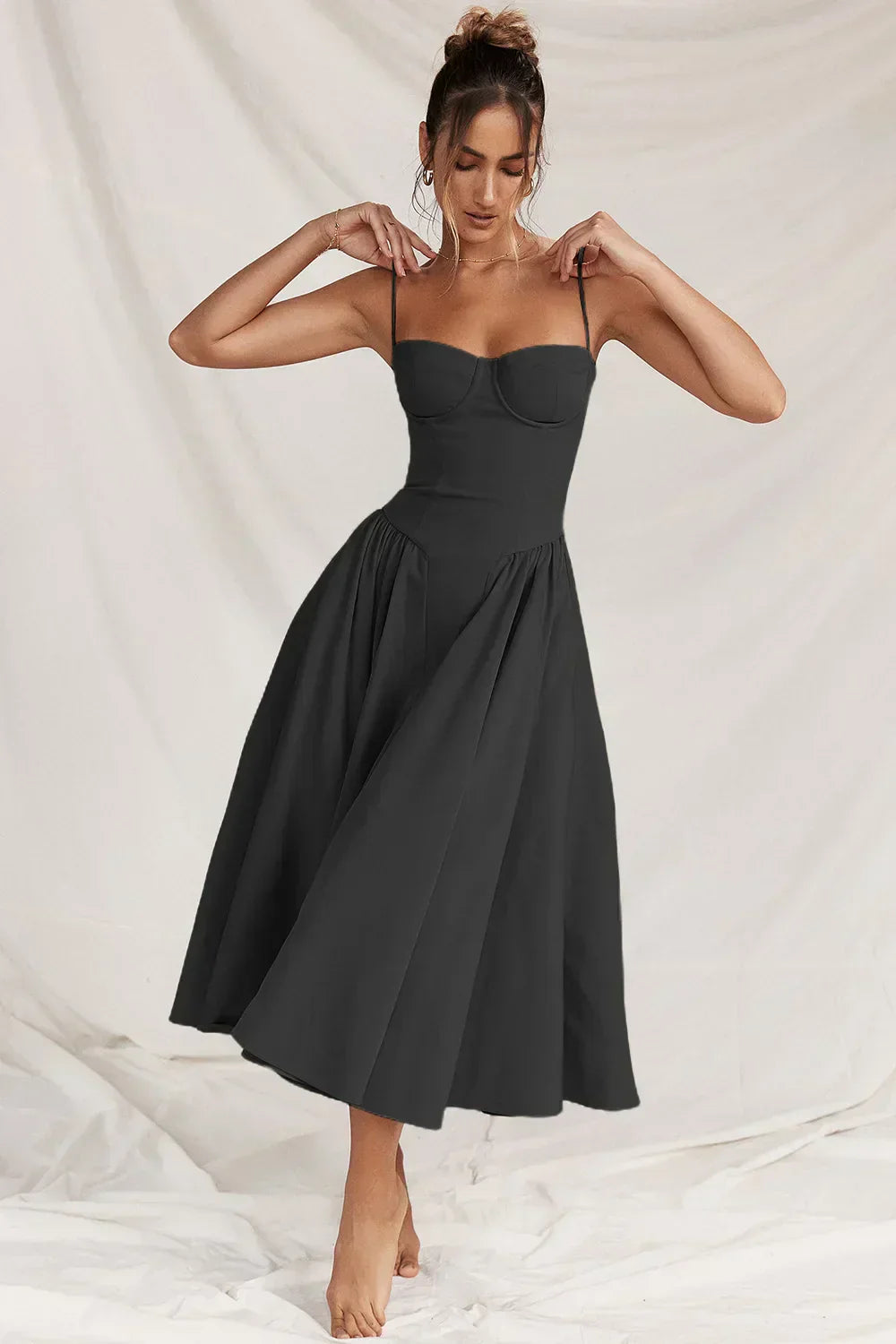 NOUVEAU RICHE Frisches Strukturiertes Midi Kleid Mit Korsett Silhouette Schwarz