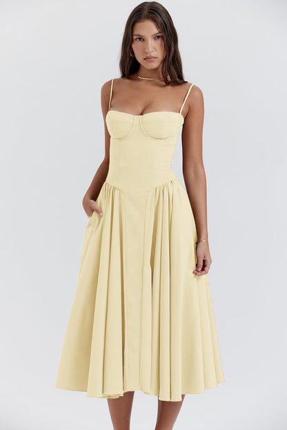 NOUVEAU RICHE Frisches Strukturiertes Midi Kleid Mit Korsett Silhouette Gelb