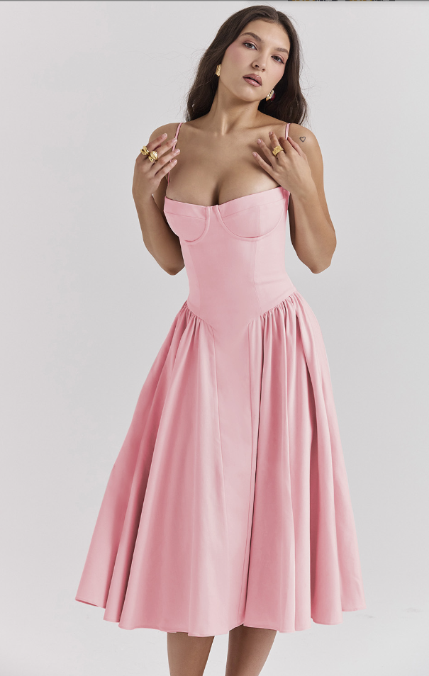 NOUVEAU RICHE Frisches Strukturiertes Midi Kleid Mit Korsett Silhouette