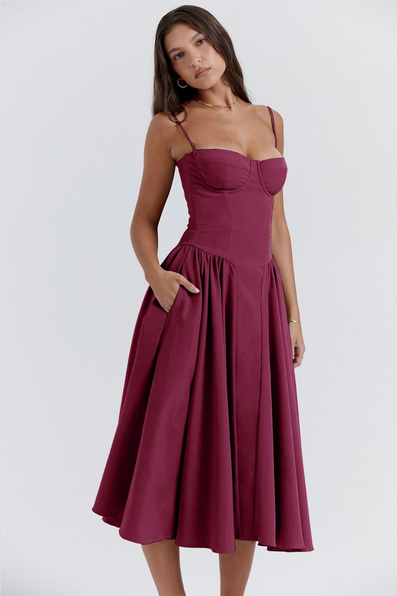 NOUVEAU RICHE Frisches Strukturiertes Midi Kleid Mit Korsett Silhouette Weinrot