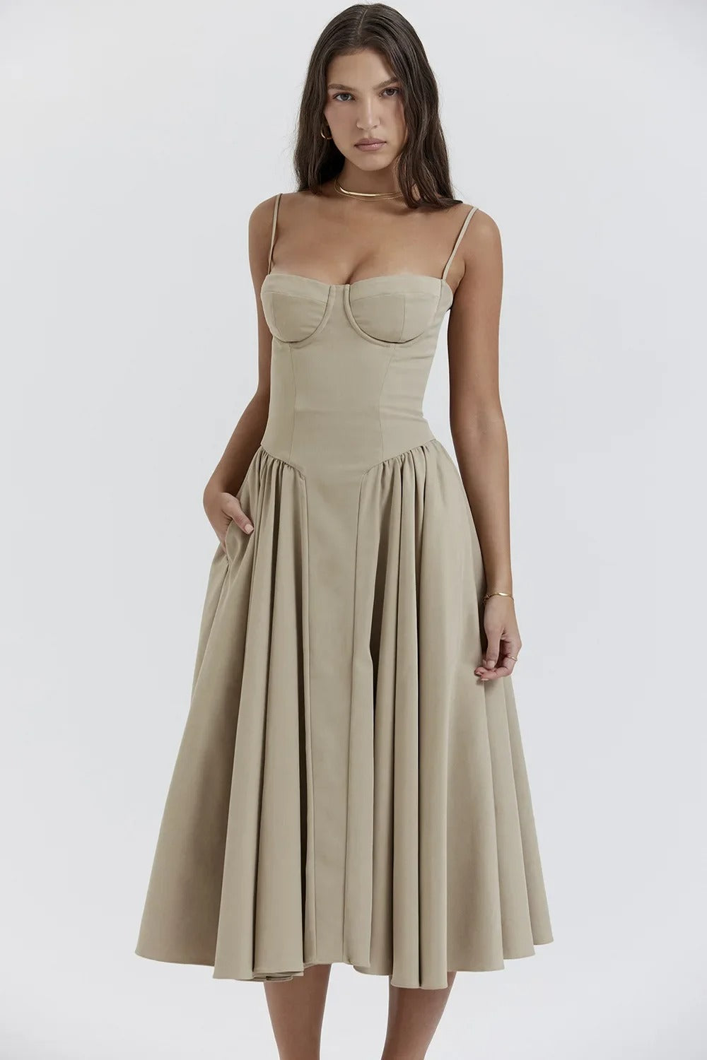 NOUVEAU RICHE Frisches Strukturiertes Midi Kleid Mit Korsett Silhouette