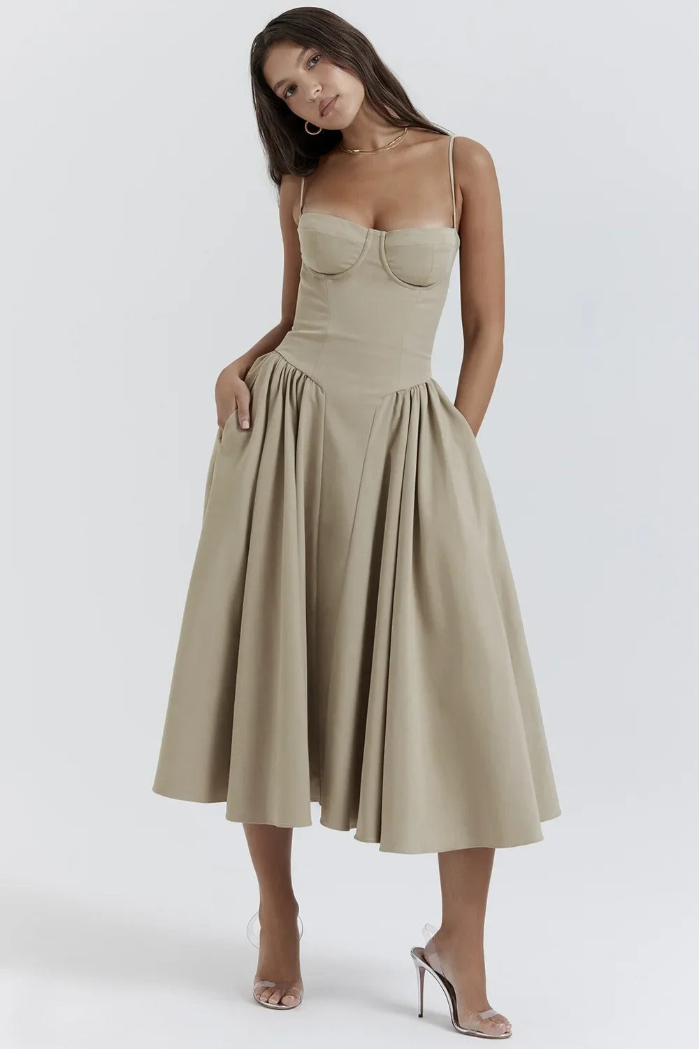 NOUVEAU RICHE Frisches Strukturiertes Midi Kleid Mit Korsett Silhouette Khaki